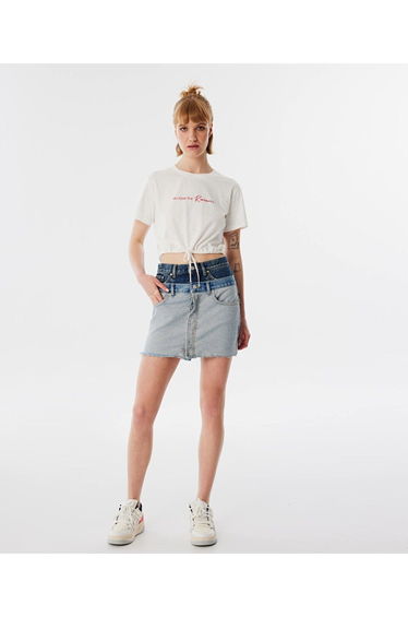 Double layered jean skirt with waist detail