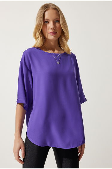 Women's Purple Crew Neck Flowy Viscose Blouse