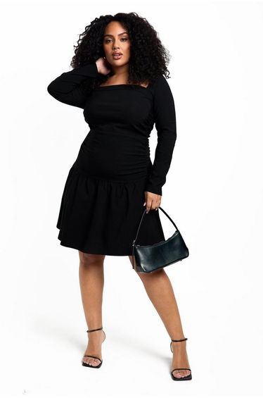 plus bengaline square neck rouched skater dress - black