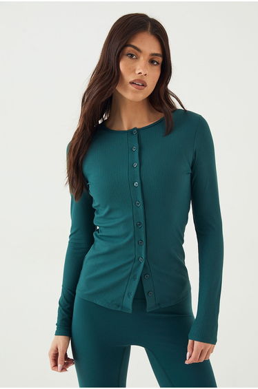 DSGN Studio Sculpt Rib Button Through Long Sleeve Top - pine