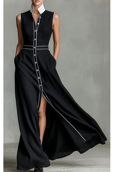 A-Line High Waisted Buttoned Contrast Color Pockets Split-Joint Lapel Maxi Dresses