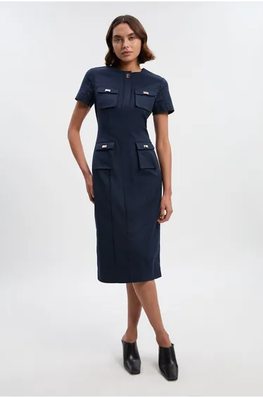 Techno Short Sleeve Hardware Detail Woven Midi Dress