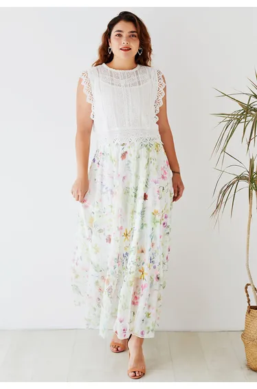 Watercolor Wild Flowers Printed Chiffon Maxi Skirt