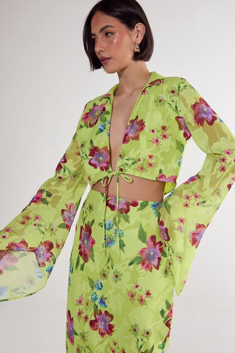 Floral Burnout Tie Front Fluted Sleeve Crop Top - 1