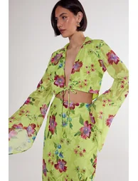 Floral Burnout Tie Front Fluted Sleeve Crop Top - 1