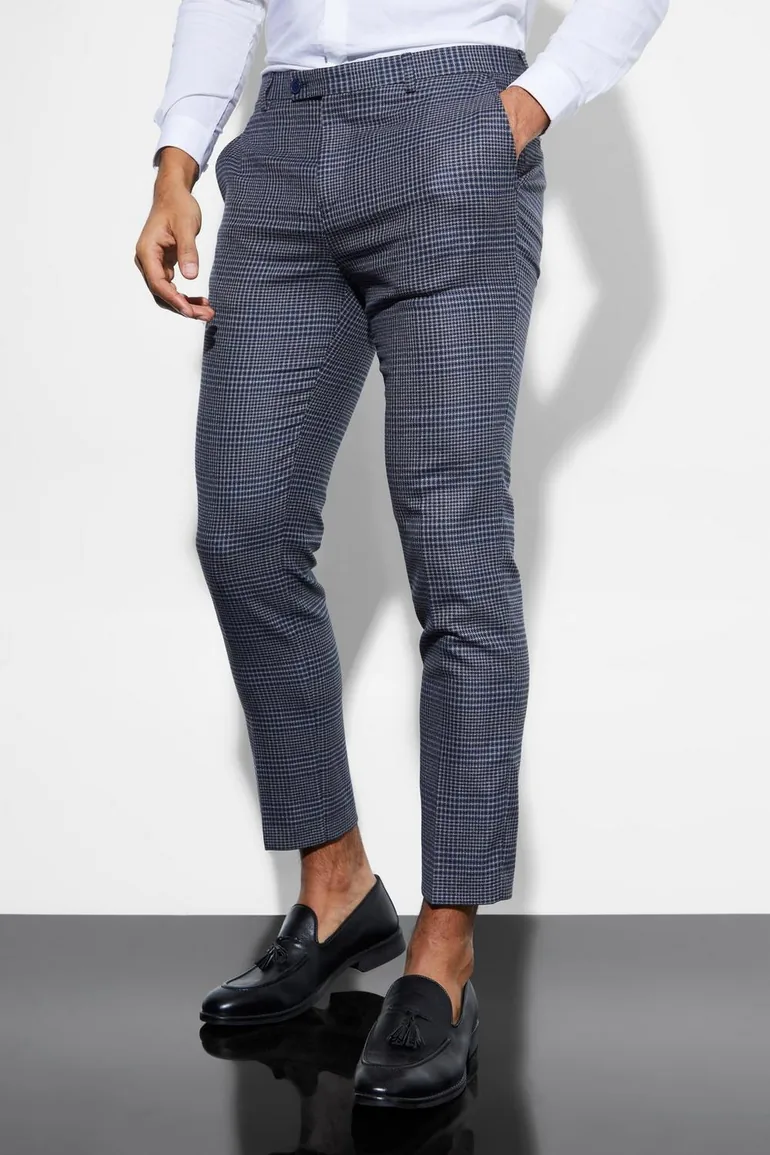 Skinny Cropped Check Suit Trousers - navy