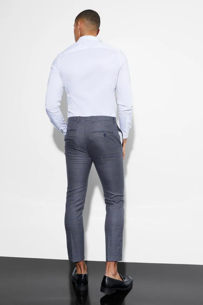 Skinny Cropped Check Suit Trousers - navy - 1