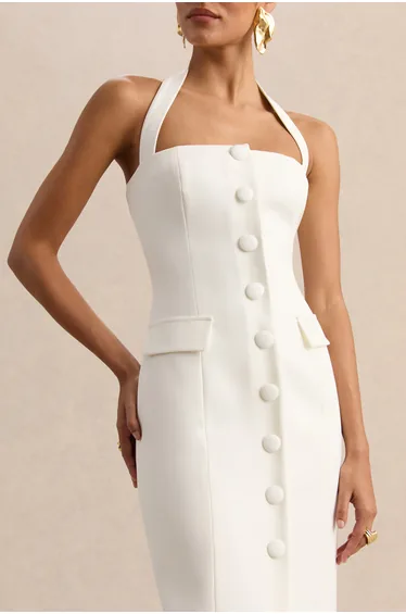 Steph | White Halter-Neck Tailored Maxi Dress