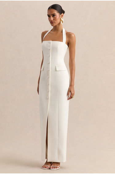 Steph | White Halter-Neck Tailored Maxi Dress