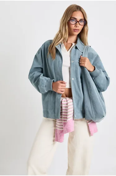 Faux Suede Bomber Jacket - blue