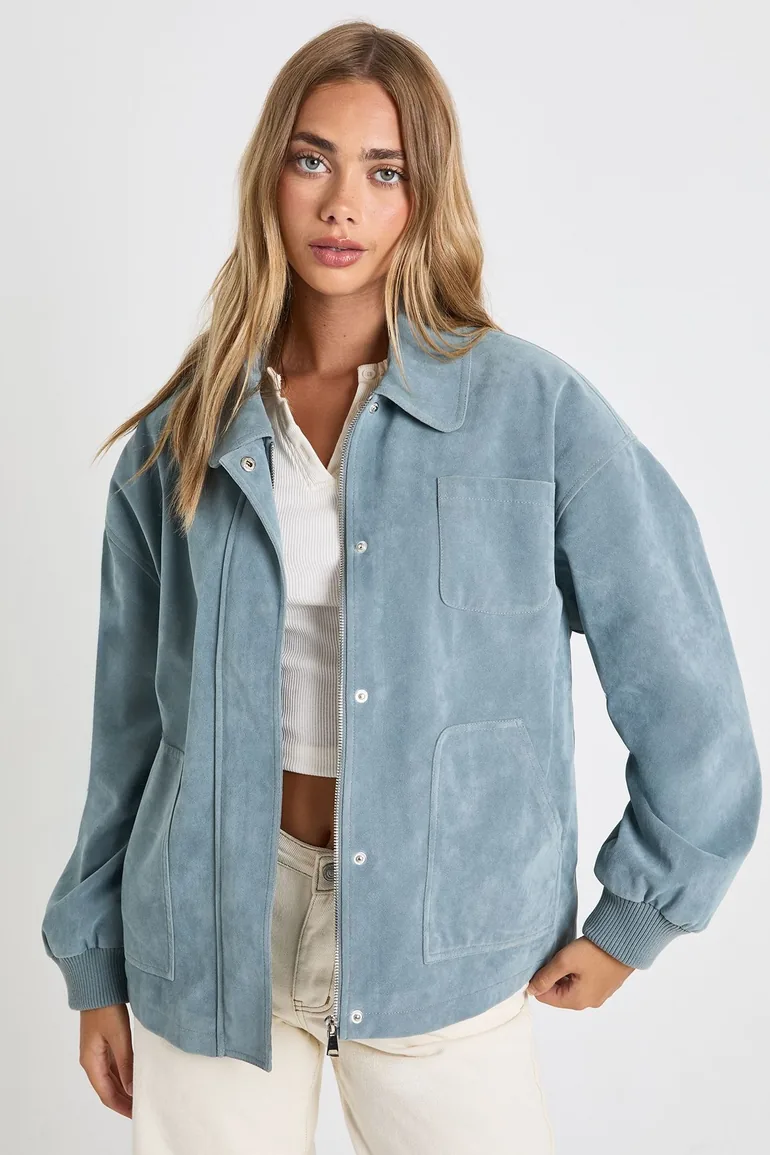 Faux Suede Bomber Jacket - blue - 2
