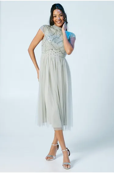 Linear Encrusted Beaded Cap Sleeve Dress