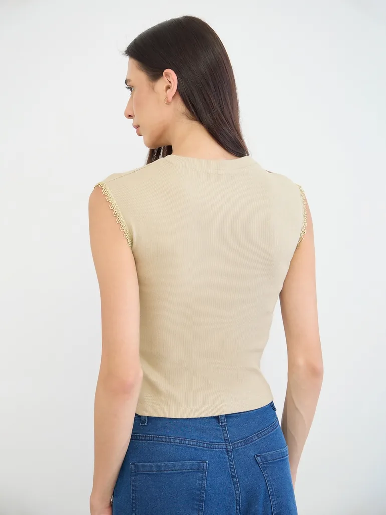 Beige Slogan Print Color Block Tank Top with Lace Trim - 4