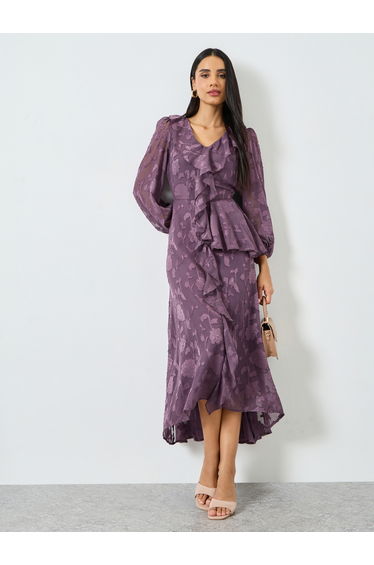 Purple Ruffle Detail Long Sleeves Maxi Dress