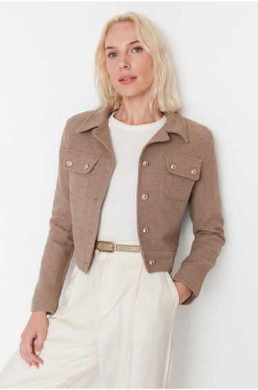 Brown Crop Fitted Woven Jacket