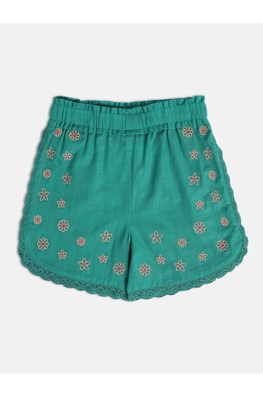 Girls Embroidered Cotton Shorts with Scalloped Hem