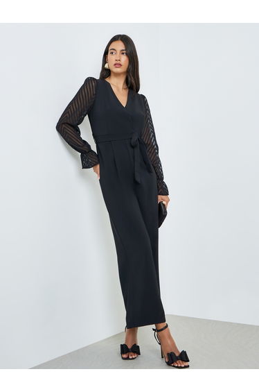 Black Wide Leg Jumpsuit with Sheer Sleeves
