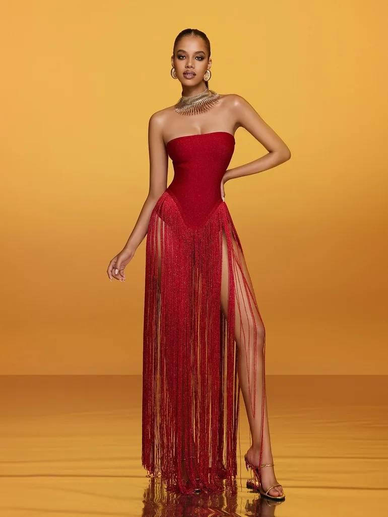 long bandage fringe dress Rendor Strapless Fringe Bandage Maxi Dress Mew Mews Red : Party Dresses :  VogaCloset Iraq