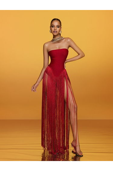 Rendor Strapless Fringe Bandage Maxi Dress