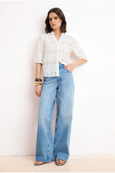White Festoon Balloon Sleeve Shirt
