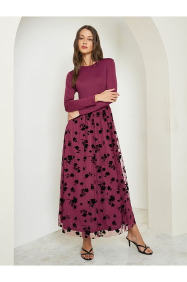 Burgundy Flocked Mesh A-Line Maxi Dress