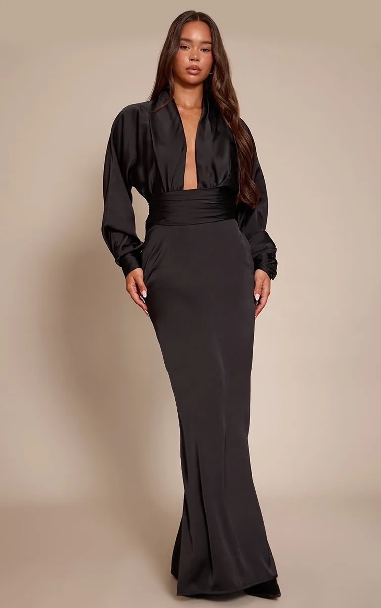 maxi dress plt PrettyLittleThing Women's PLT Label Plisse Satin Column Bandeau Maxi Dress in Gold