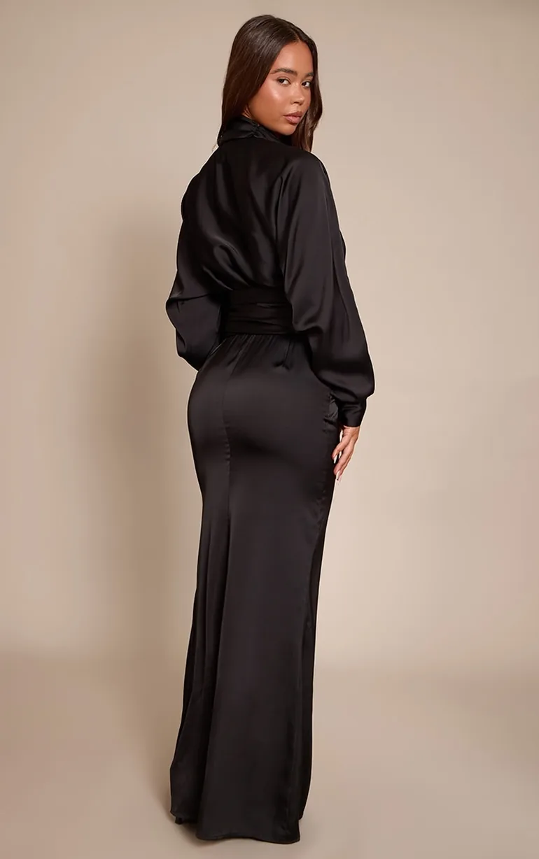 plt black satin dress Women's PLT Label Black Satin Cowl Draped Mini Dress