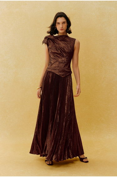 Cocktail Hour Brown Asymmetric Pleated Maxi Dress