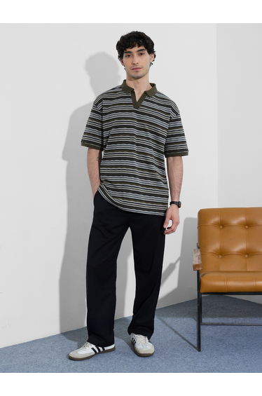Men Striped Open Collar Oversized Polo