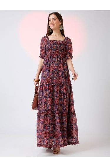 Square Neck Puff Sleeves Tiered Maxi Dress