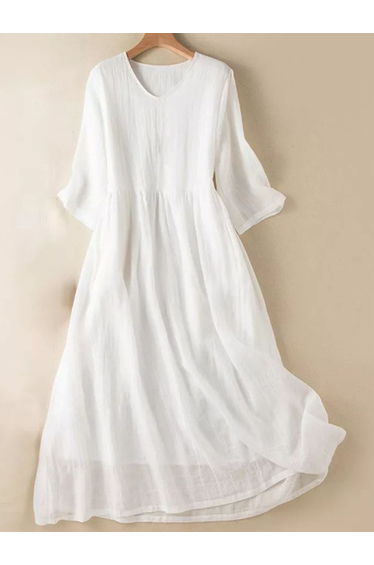 White Solid A-Line Midi Dress