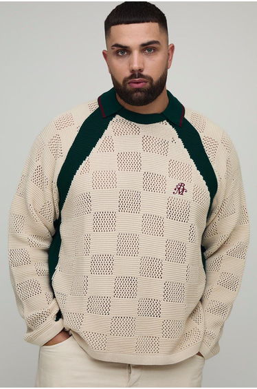 Plus Oversized Retro Football Knitted Polo - ecru