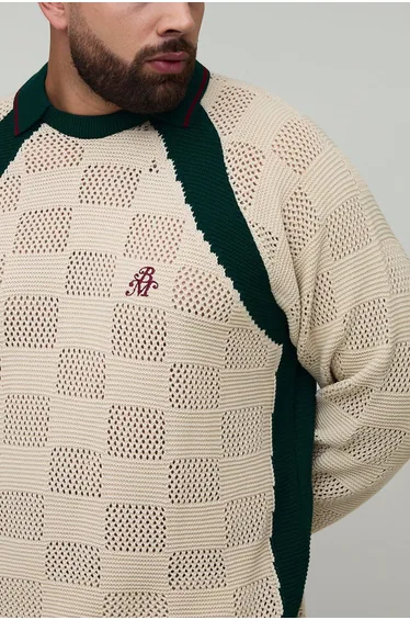 Plus Oversized Retro Football Knitted Polo - ecru