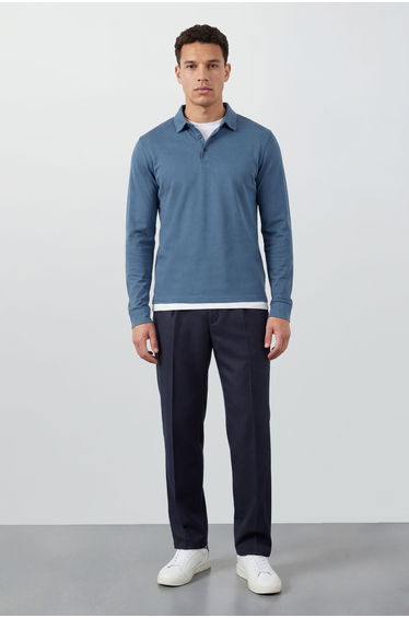 Blue Long Sleeve Smart Polo Shirt