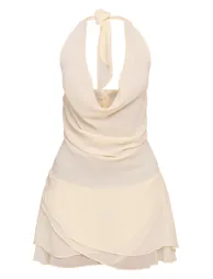 Almond Chiffon Cowl Neck Ruched Scarf Detail Mini Dress - 4