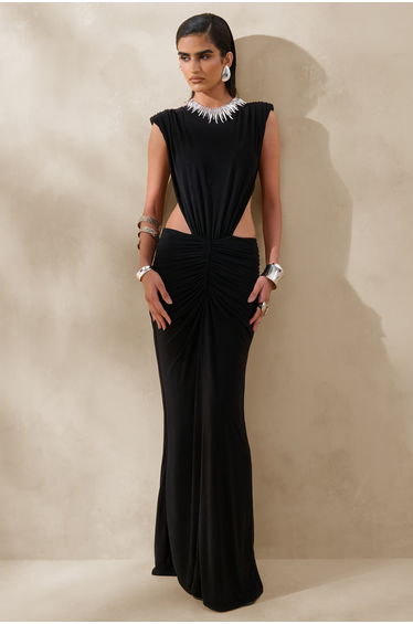 Imelda | Black Boat-Neck Maxi Dress With Body Cut-Out Details