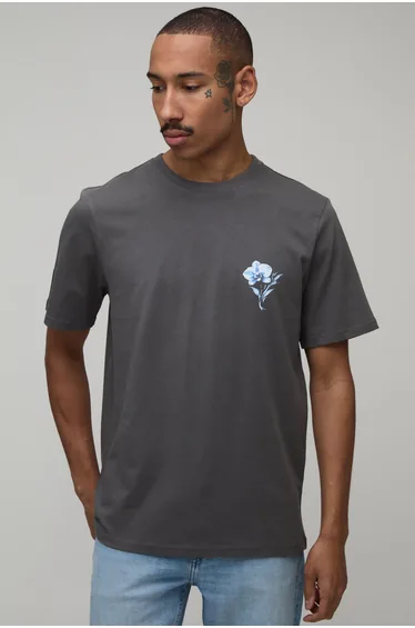 Charcoal Regular Floral Print T-Shirt - charcoal
