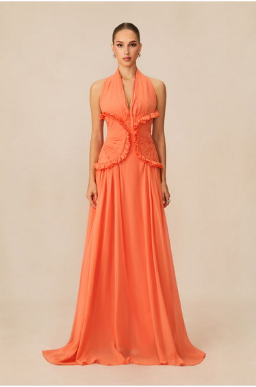 Aliza Halter Neck Ruffle Trim Maxi Dress