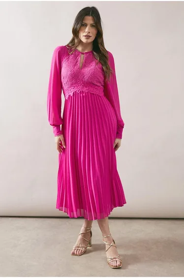 Occasion Lace Insert Pleated Midi Dress