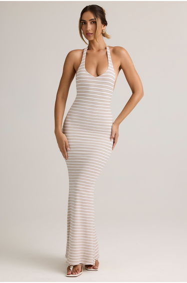 Modal Halterneck Maxi Dress in Pink Yellow Stripe
