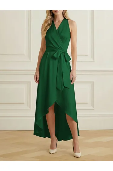 High-Low Loose Ruffle Trim Solid Color Tied Waist V-Neck Maxi Dresses