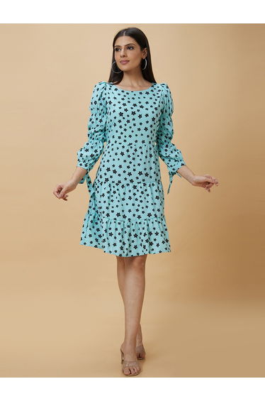 Women Blue Floral Printed Puff Sleeves A-Line Knee-Length Dress