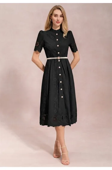 Floral Cutwork Embroidery Pearl Belt Midi Dress in Black for Coastal Getaways & Beachside Dinners