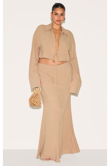 Plus Sand Linen-Blend Column Maxi Skirt