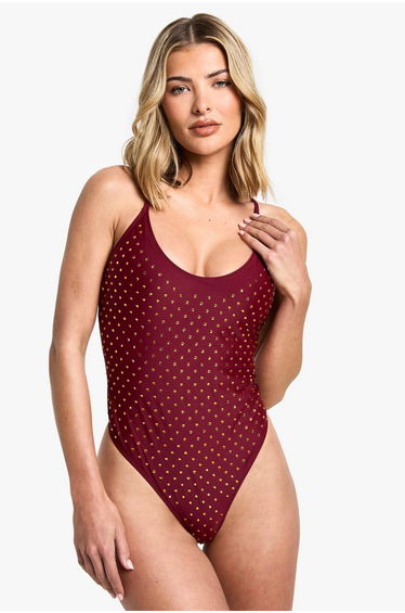 Premium Swim Hot Fix Diamante Backless Swimsuit - burgundy