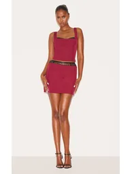 Burgundy Lace Waist Detail Woven Belted Mini Skirt - 6
