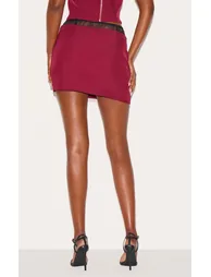 Burgundy Lace Waist Detail Woven Belted Mini Skirt - 2