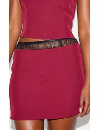 Burgundy Lace Waist Detail Woven Belted Mini Skirt - 4