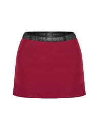 Burgundy Lace Waist Detail Woven Belted Mini Skirt - 5