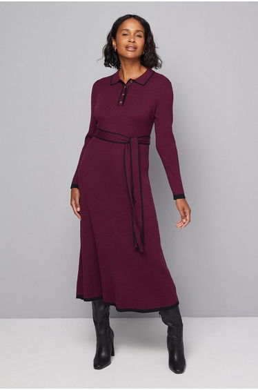 Tipped Belted Knitted Midi Dress